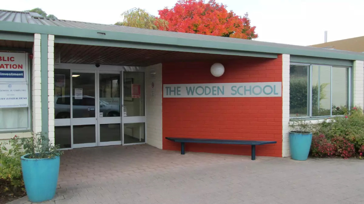 A photo of the front entry to The Woden School